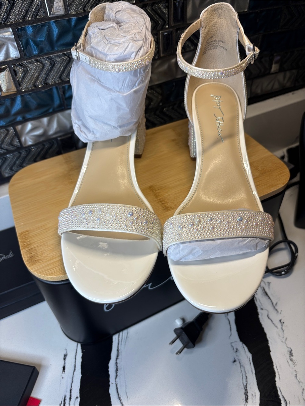 Betsey Johnson Ivory/Champagne Rhinestone Ankle-Strap Block Heels